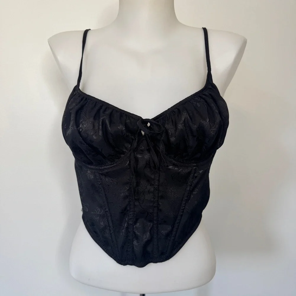 Urban Outfitters Out From Under Devon Satin Corset Black Bra Top Sz L - Picture 2 of 14